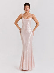Sequin Mermaid Maxi Dress with Feather Cape