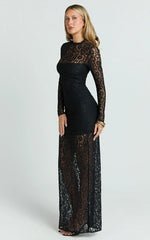 Andrea Maxi Dress - Lace High Neck Long Sleeve Dress in Black
