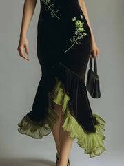 Embroidered Polyester Velvet Patchwork Fishtail Midi Slip Dress