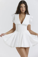 Lace Trim Collar Puff Sleeve Corset Pleated Mini Dress