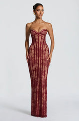 Burgundy Striped Mermaid Evening Gown