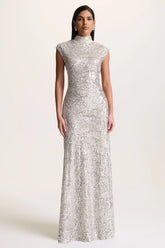 Cecy | Silver Sequin High-Neck Maxi Dress With Cap Sleeves