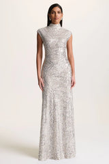 Cecy | Silver Sequin High-Neck Maxi Dress With Cap Sleeves