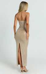 Terri Midi Dress - Diamante Square Neck Bodycon Dress in Nude
