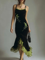 Embroidered Polyester Velvet Patchwork Fishtail Midi Slip Dress