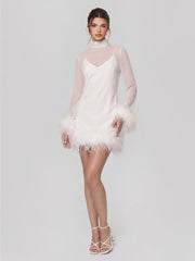 Feather Trimmed Satin Mini Dress with Mesh Overlay