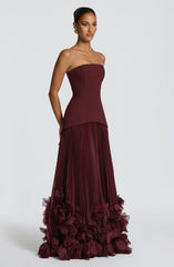 Burgundy Strapless Lace-Up Pleated 3D Floral Hem Evening Gown