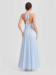 Plunge Halter Lace Maxi Dress