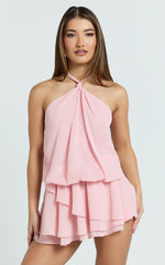 Hillary Mini Dress - Halter Blouson A Line Dress in Rose
