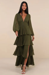 Graceful Finesse Olive Green Pleated Long Sleeve Maxi Dress
