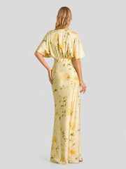 Floral Print Satin Plunge-Neck Maxi Dress