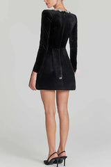 Rhinestone Square Neck Velvet Long Sleeve A-Line Mini Dress