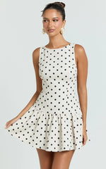 Brooke Mini Dress - Boat Neck Drop Waist Dress in Cream Polka Dot