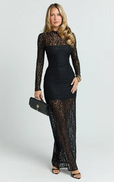 Andrea Maxi Dress - Lace High Neck Long Sleeve Dress in Black