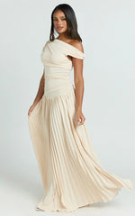 Yvonne Maxi Dress - Pleat Skirt Tip Shoulder Ruched Dress in Off White
