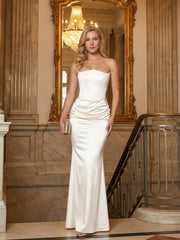 Strapless Boned-Corset Draped Satin Fishtail Maxi Dress