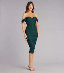 Glam Obsessed Glitter Off-The-Shoulder Midi Dress