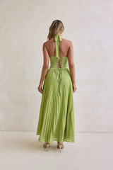 Paradise Falls Plisse Halter Maxi Dress Lime Green