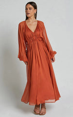 Roxanna Midi Dress - Long Sleeve Ruched Waist Dress in Rust