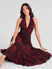 Halter V-neck Drop Waist Georgette Midi Dress