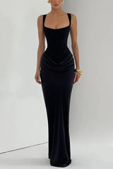 Larrah Square Neck Back Lace-up Satin Drape Hem Maxi Dress