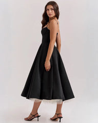 Sweetheart Spaghetti Strap Lace Trim Corset Bodice Fit and Flare Midi Dress