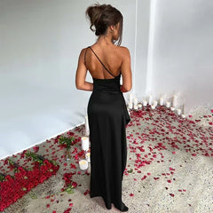 One Shoulder Ruched Satin High Slit Floor Length Maxi Gown