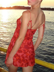 Printed Waist-cinching V-neck Camisole Mini&Short Dresses