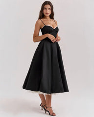 Sweetheart Spaghetti Strap Lace Trim Corset Bodice Fit and Flare Midi Dress