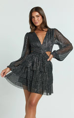 Elaine Mini Dress - Long Sleeve Tiered Plisse Dress in Gunmetal
