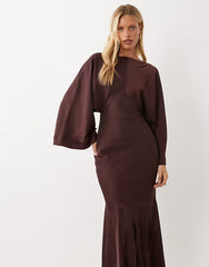 Cape Kimono Sleeve Maxi Dress With Godets And Tassel Tie Detail In Chocolate