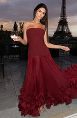 Burgundy Strapless Lace-Up Pleated 3D Floral Hem Evening Gown