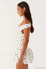Off-the-Shoulder Polka Dot Ruched Drop Waist Ruffle Peplum Mini Dress