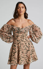 Jessell Mini Dress - Long Sleeve Cowl Corset Dress in Beige Floral