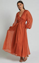 Roxanna Midi Dress - Long Sleeve Ruched Waist Dress in Rust