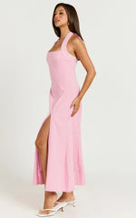 Narissa Midi Dress - Halter A Line Dress in Pink Gingham