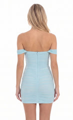 Mesh Off Shoulder Bodycon Dress in Blue