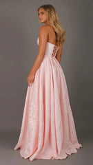 POSIE - Light pink Formal Dress, Strapless Basque waist Corset Beaded Bra Cups, Satin embossed floral Gown