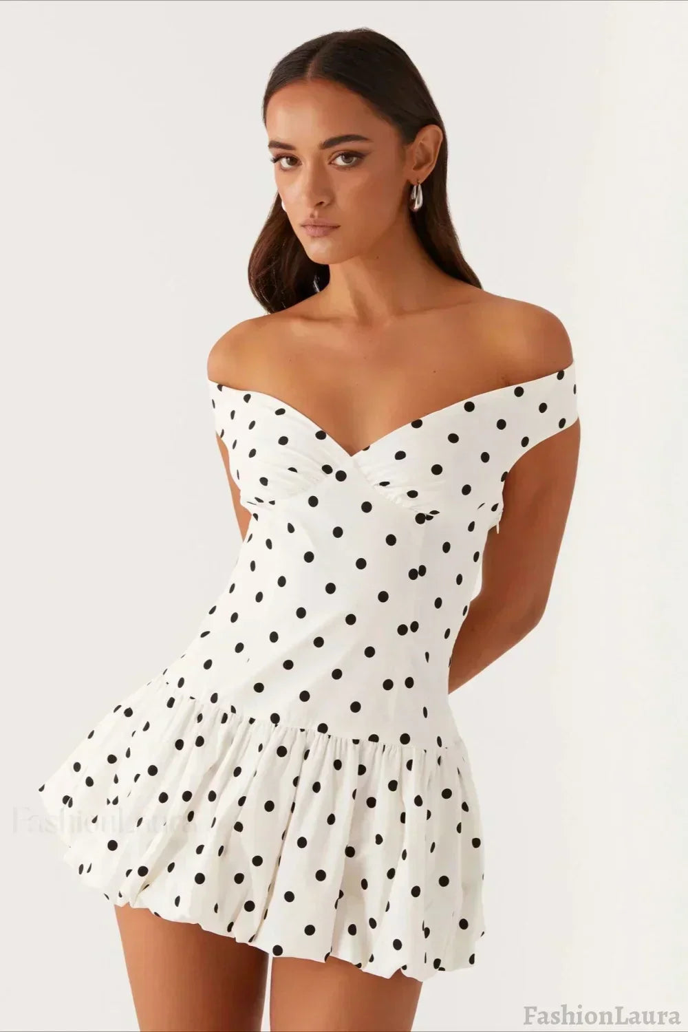 Off-the-Shoulder Polka Dot Ruched Drop Waist Ruffle Peplum Mini Dress