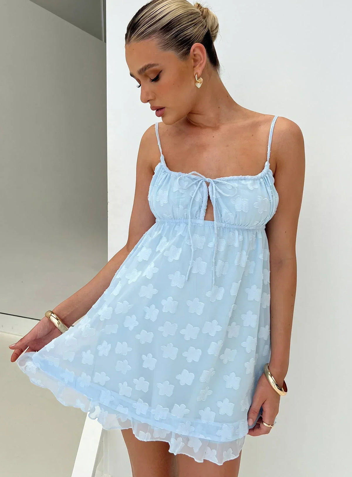Empress Of Love Mini Dress Blue Floral Applique