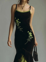 Embroidered Polyester Velvet Patchwork Fishtail Midi Slip Dress