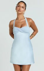 Flynn Mini Dress - Satin Halter Sweetheart Neck Dress in Blue