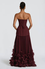 Burgundy Strapless Lace-Up Pleated 3D Floral Hem Evening Gown