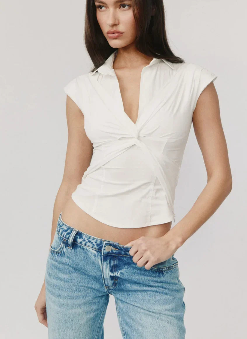 Twist Front V-Neck Fitted Sleeveless Blouse