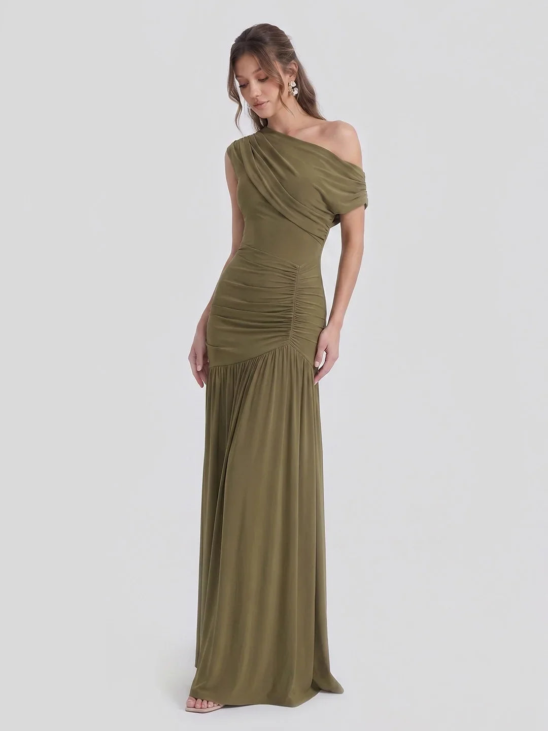 Asymmetric-Neck Maxi Dress With Ruched Detailing