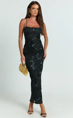 Mina Midi Dress Embroidered Mesh Dress in Black