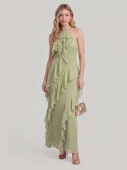 Halterneck Flowy Tiered Ruffle Maxi Dress