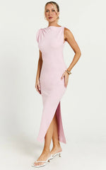 Jessenia Midi Dress - Linen High Neck Dress in Soft Pink