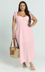 Tymia Midi Dress - Shoulder Tie Bustier Shirred Back A Line in Pink