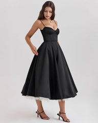 Sweetheart Spaghetti Strap Lace Trim Corset Bodice Fit and Flare Midi Dress